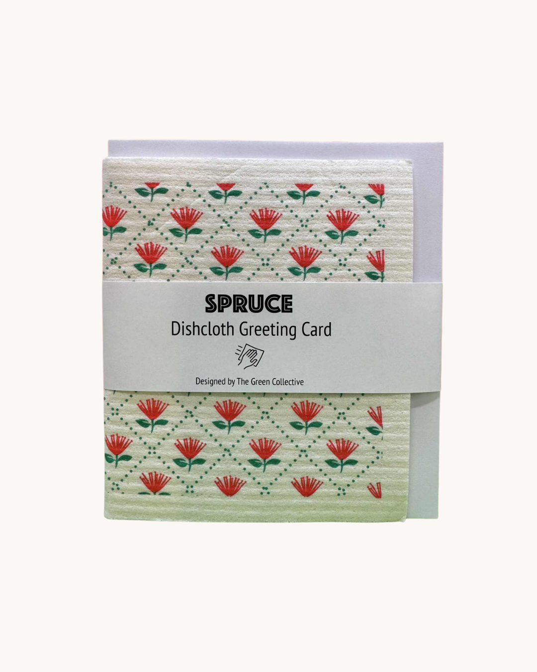Spruce dishcloth greeting card with floral Rata pattern on a white background