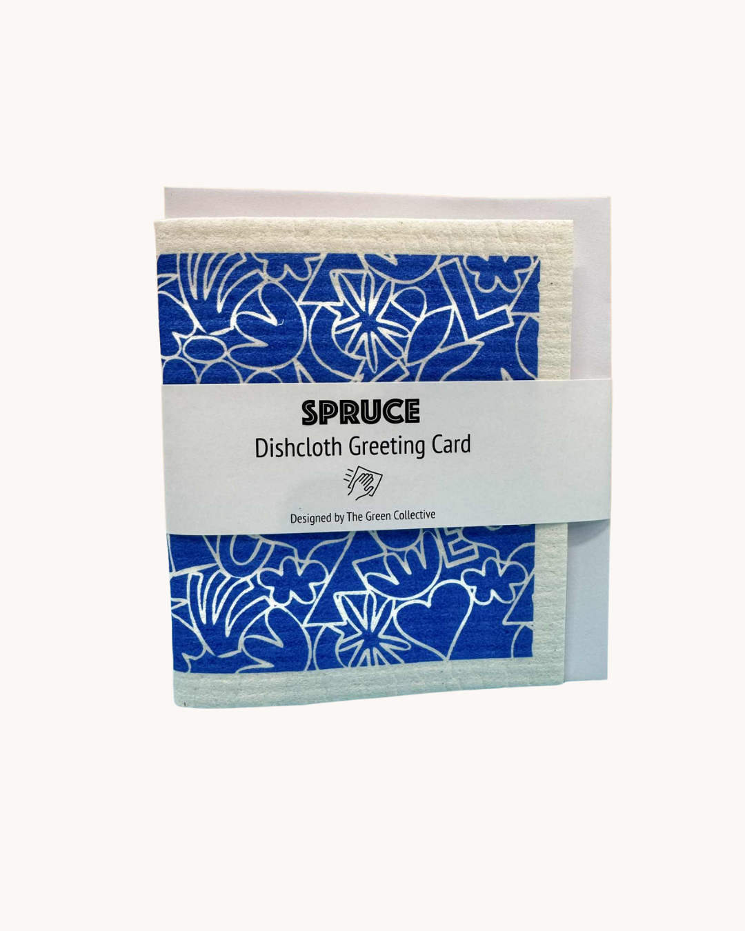 Spruce dishcloth greeting card with blue floral design on a white background