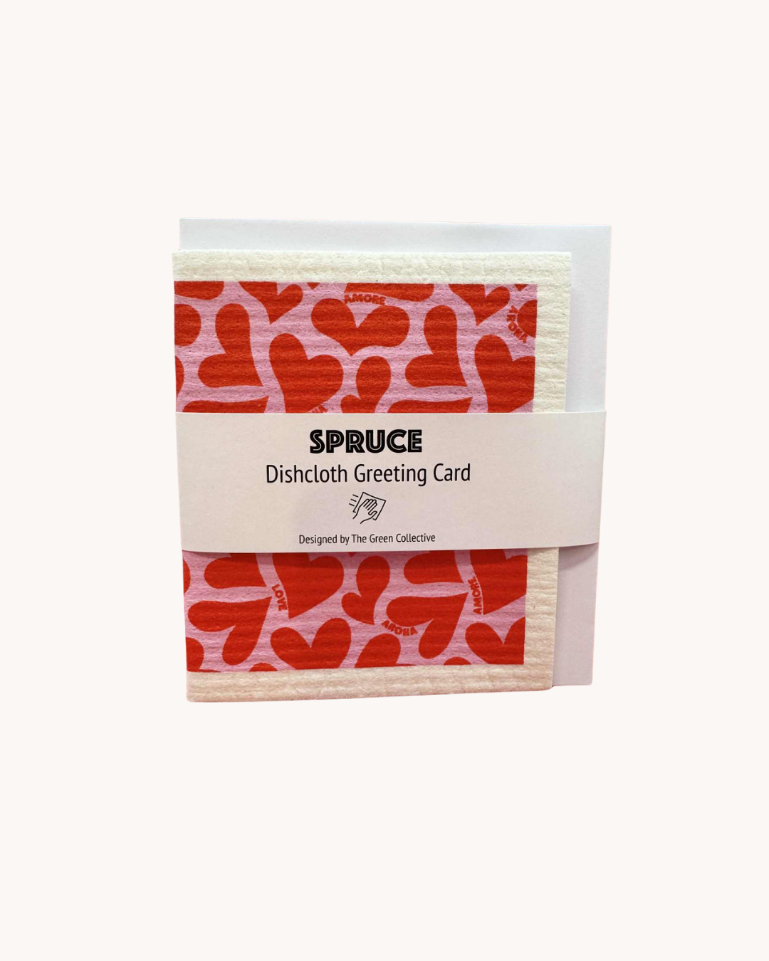 Spruce dishcloth greeting card with red heart pattern on a white background
