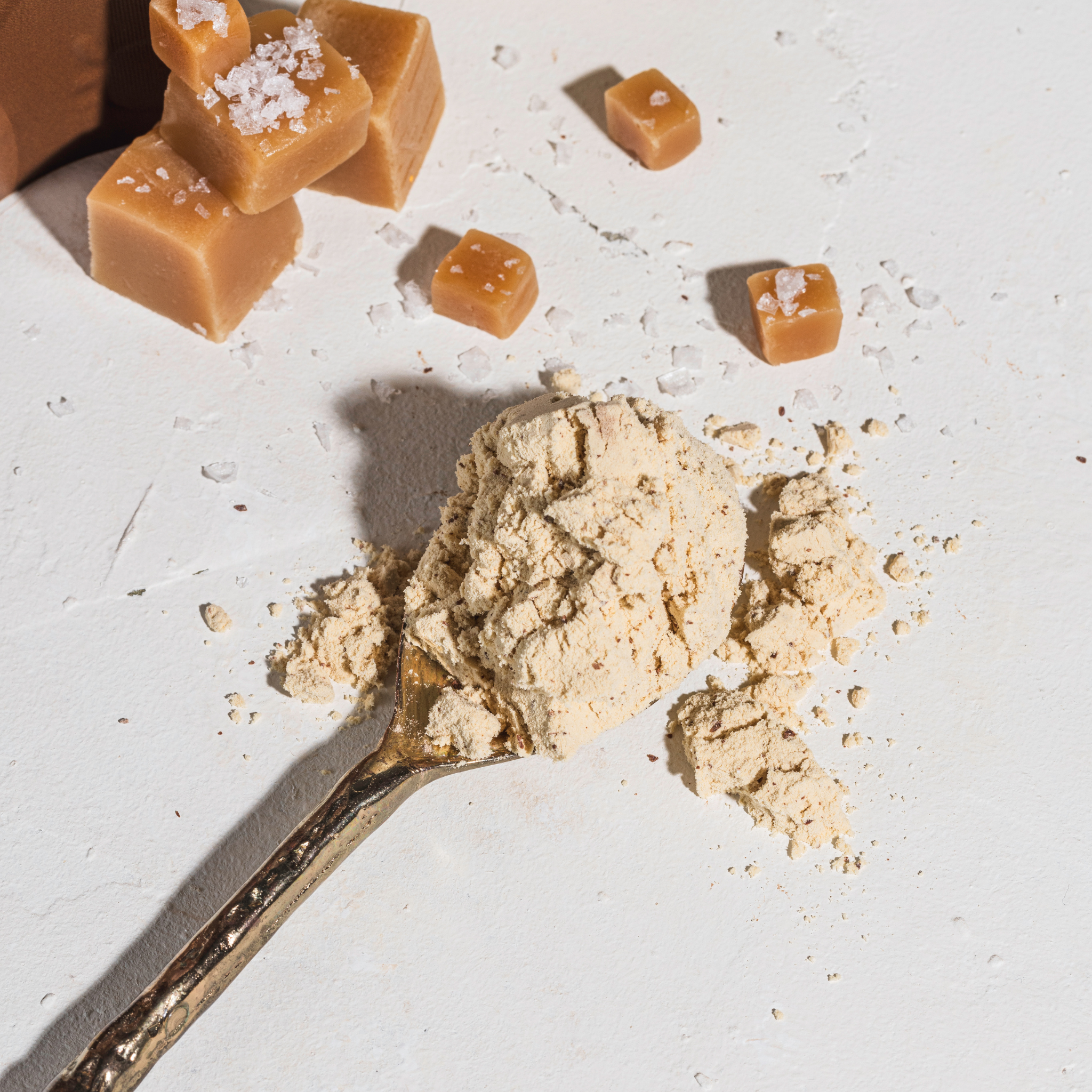 Second Nature Salted Caramel Cookie protein powder on a spoon