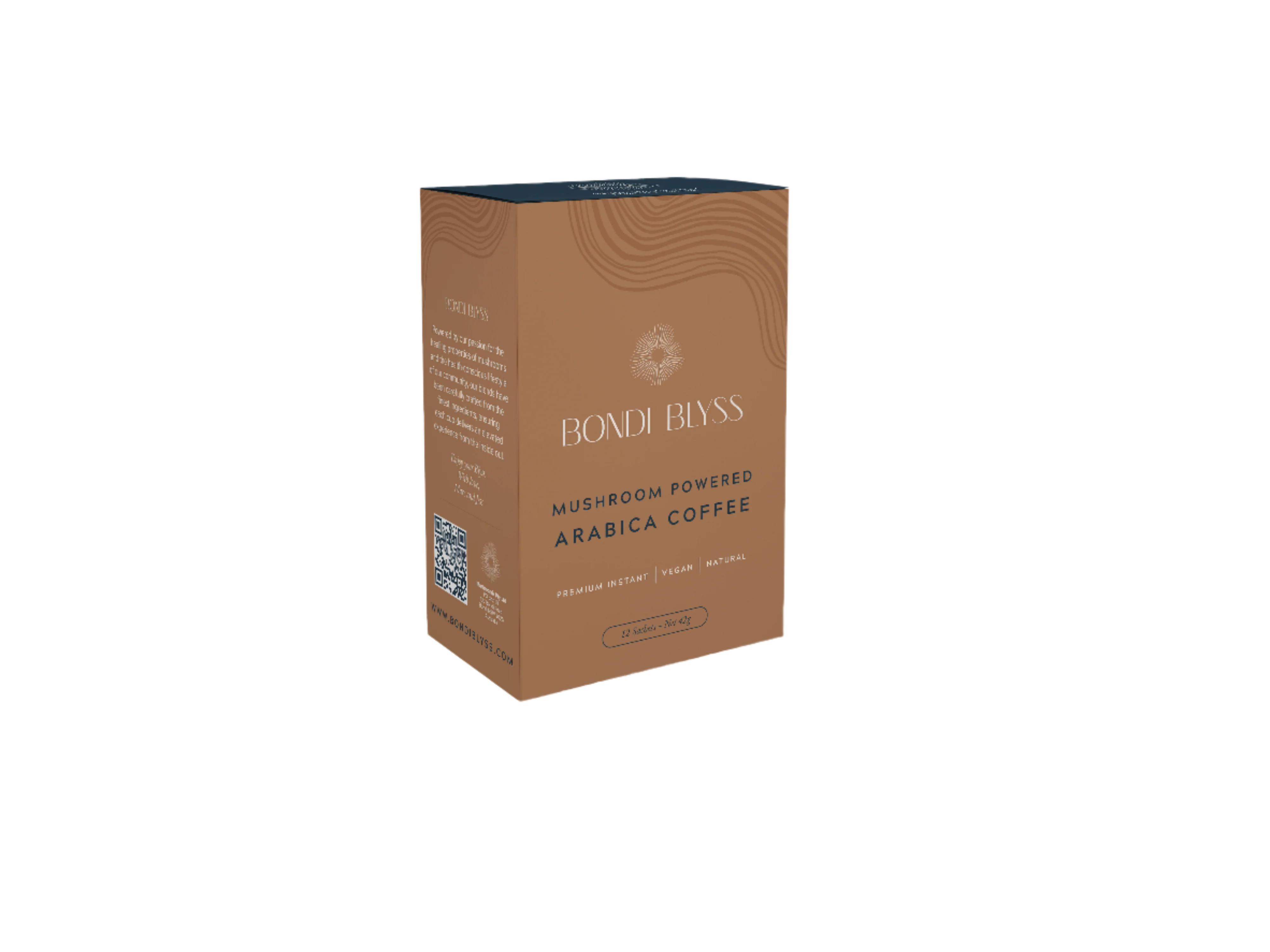 A package of Bondi Blyss mushroom powered Arabica coffee with design elements in brown tones and product information on the label.