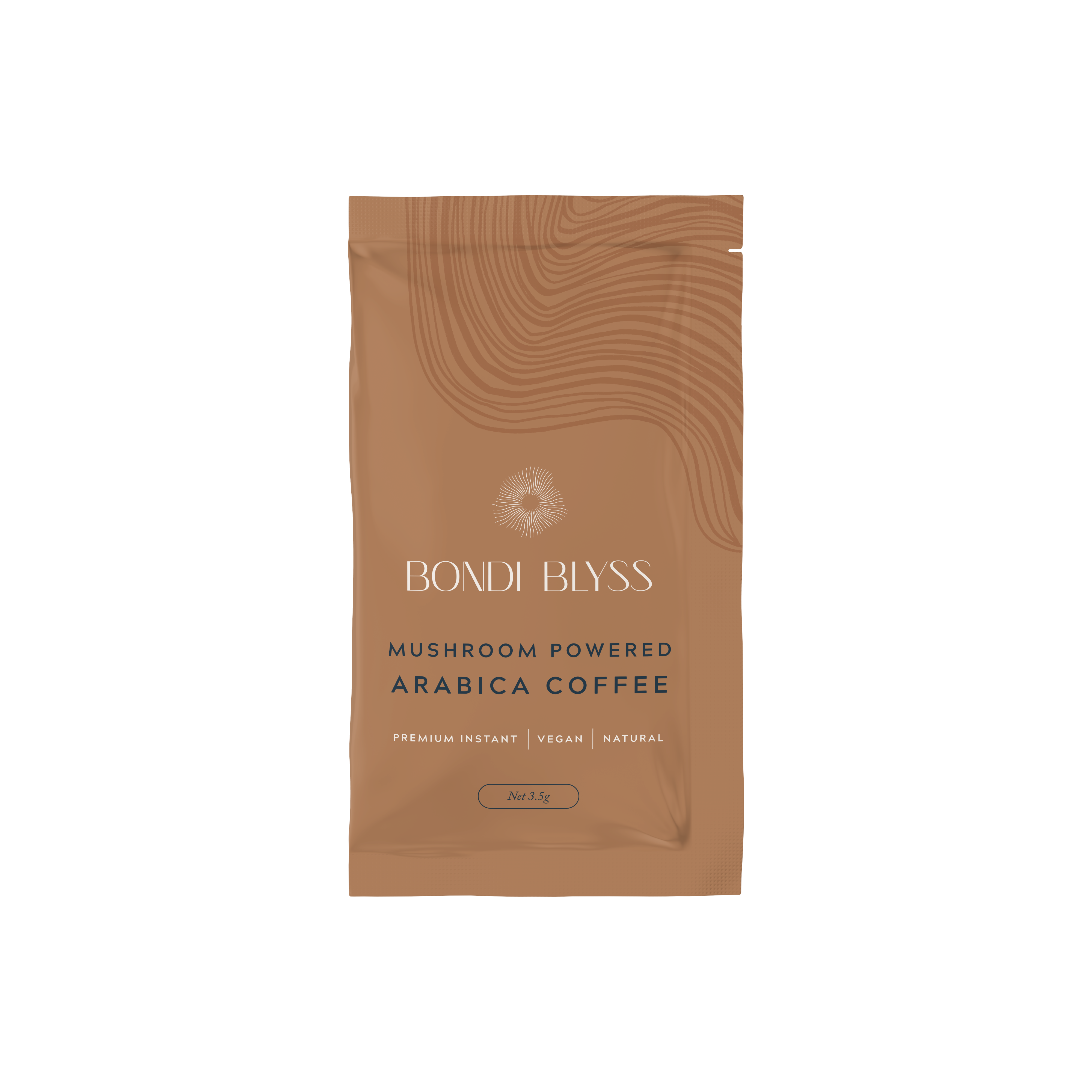 'Bondi Bliss' mushroom powered Arabica coffee sachet on a white background