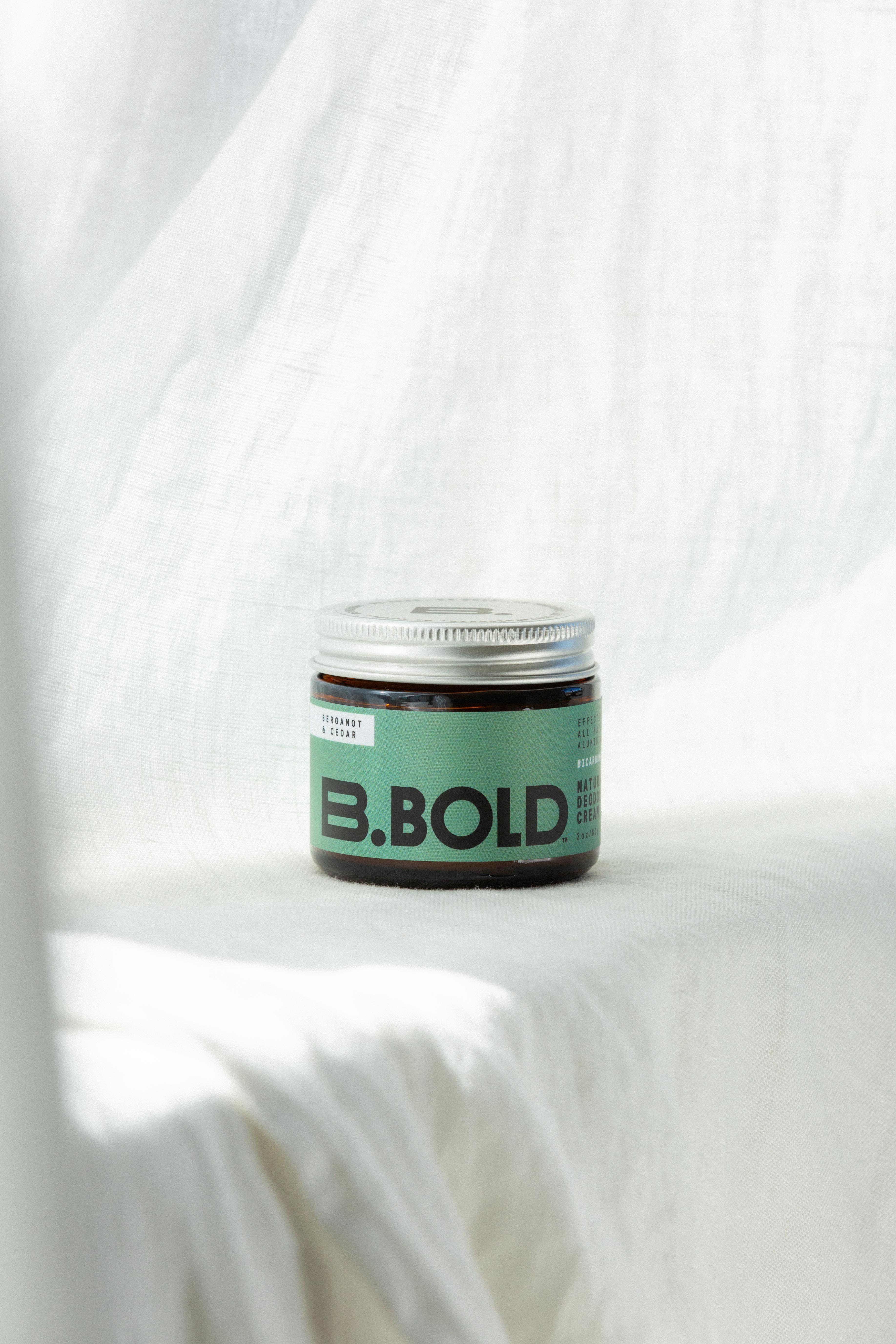 b.bold bicarb free bergamot and cedar deodorant on white background