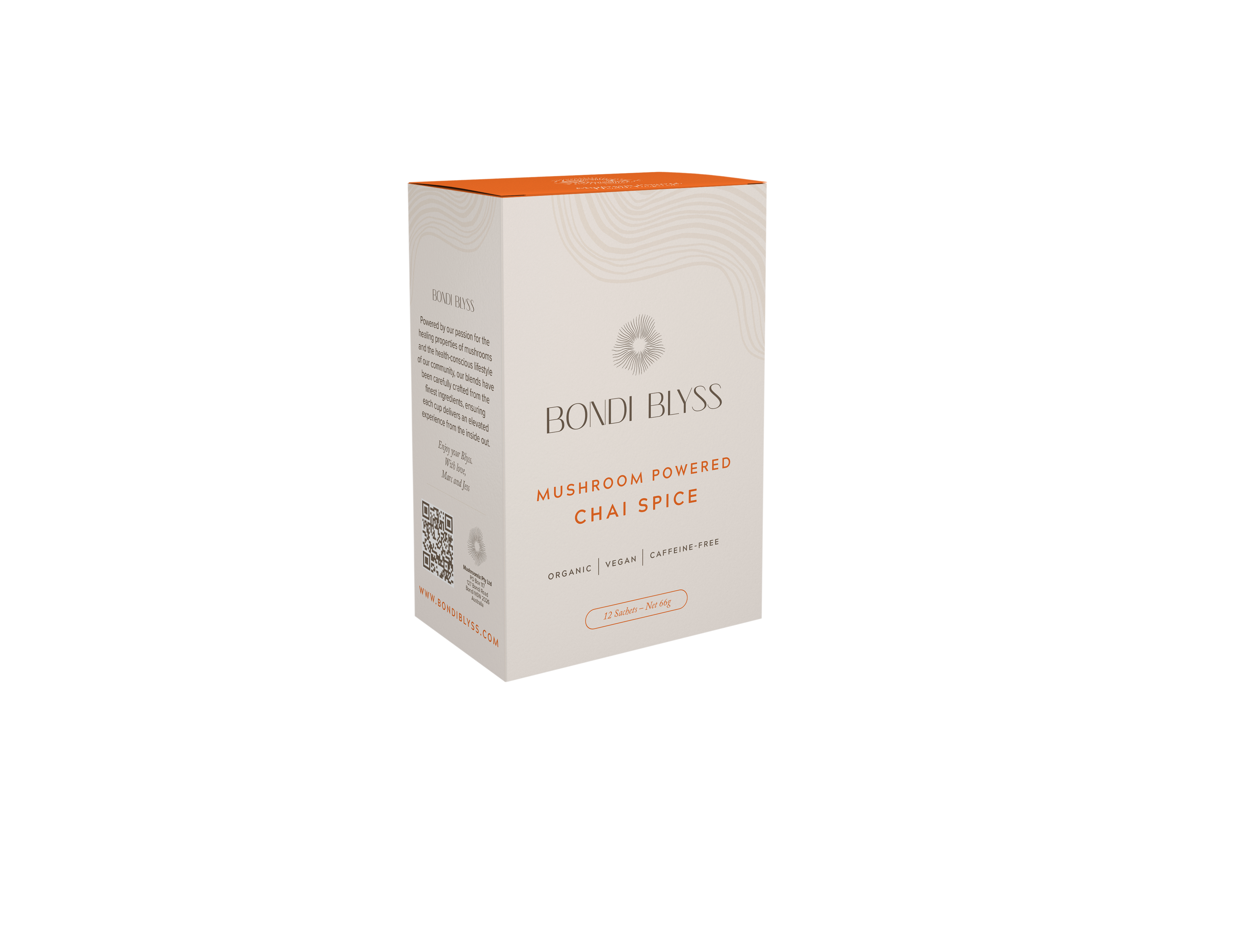 A box of Bondi Blyss Mushroom Powered Chai Spice with subtle hints of cinnamon, cloves, and nutmeg.