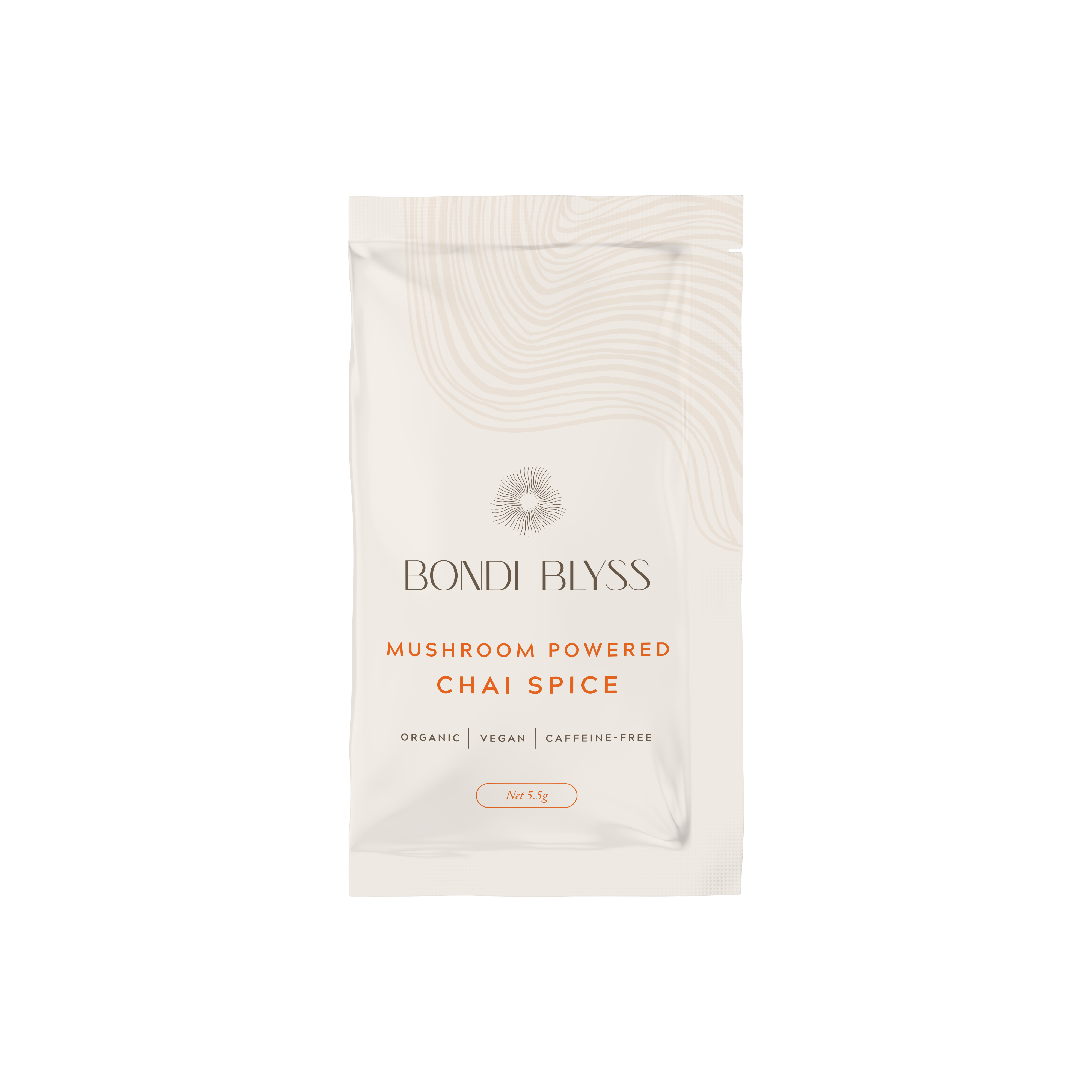 Bondi Bliss mushroom powered chai spice sachet on a white background