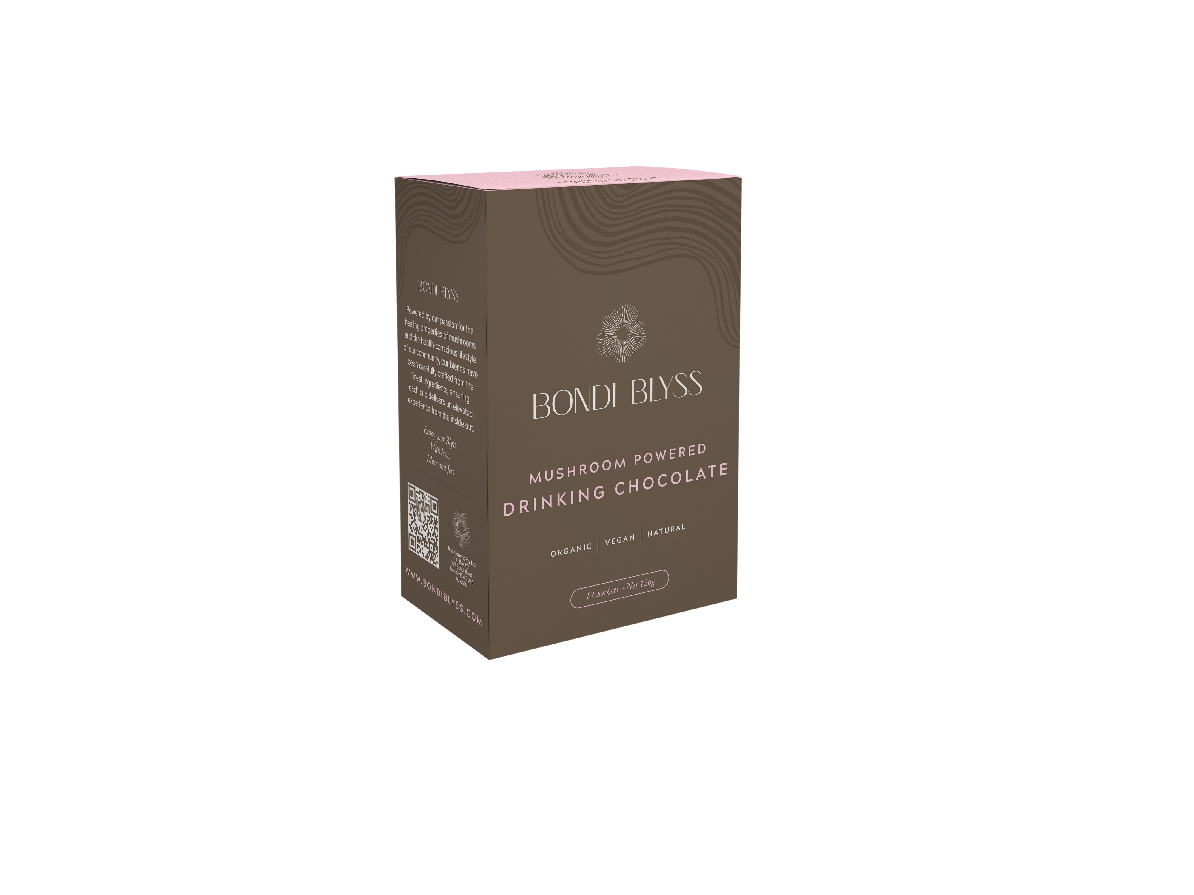 A package of Bondi Blyss drinking chocolate with the text 'Mushroom Powered Drinking Chocolate' on it.
