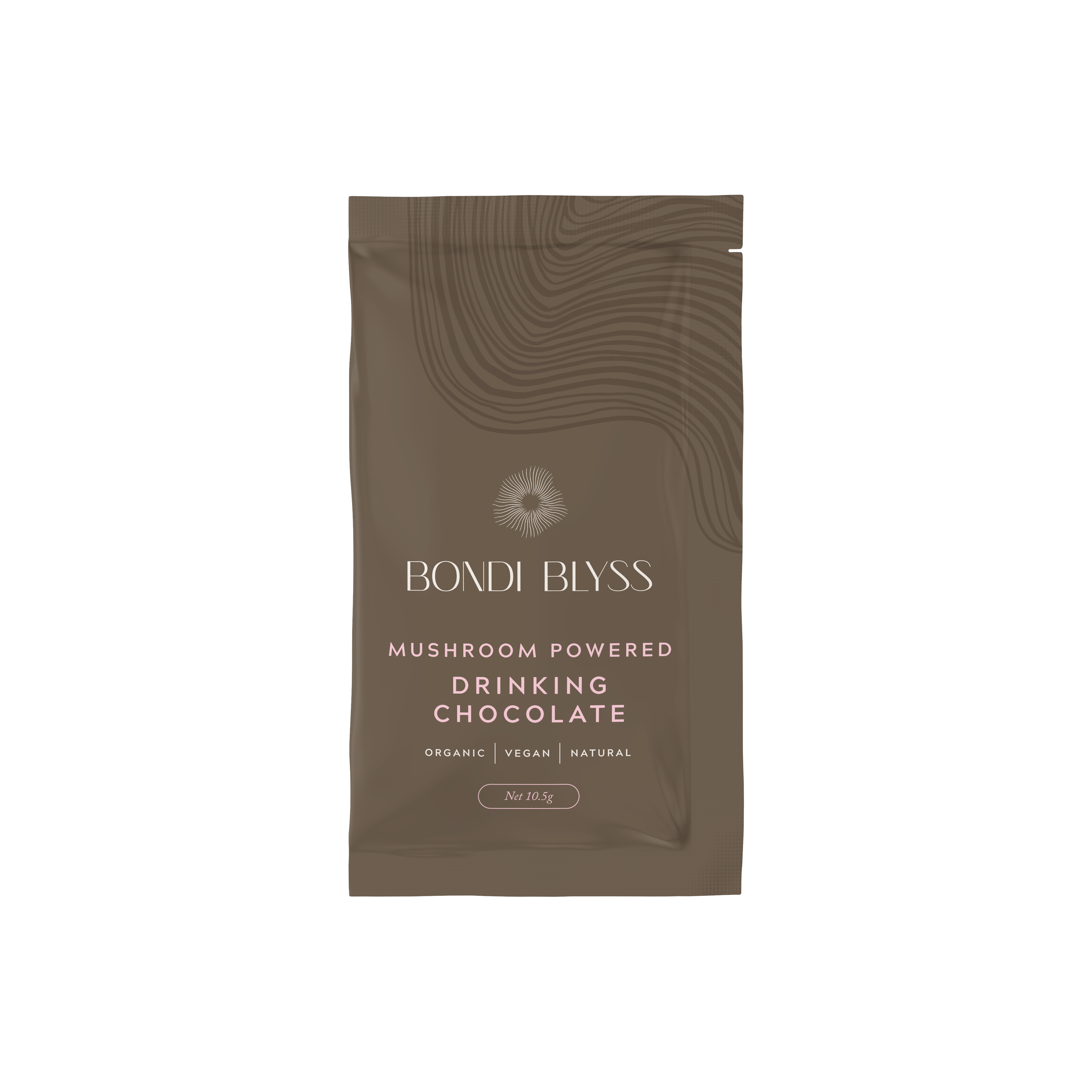 Sachet of Bondi Blyss mushroom-powered drinking chocolate on a white background