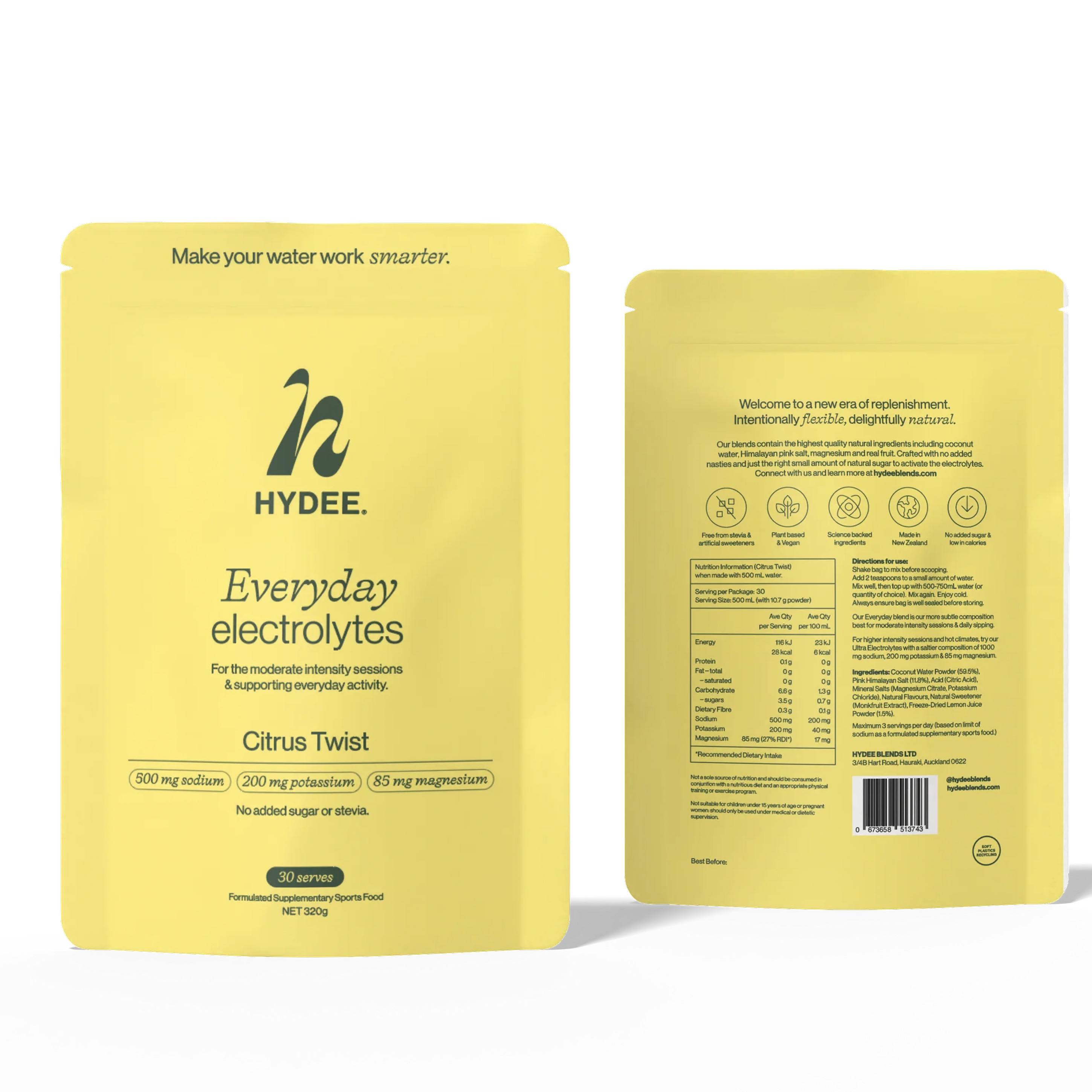 Yellow package of HYDEE Everyday Electrolytes with front and back labels on a white background