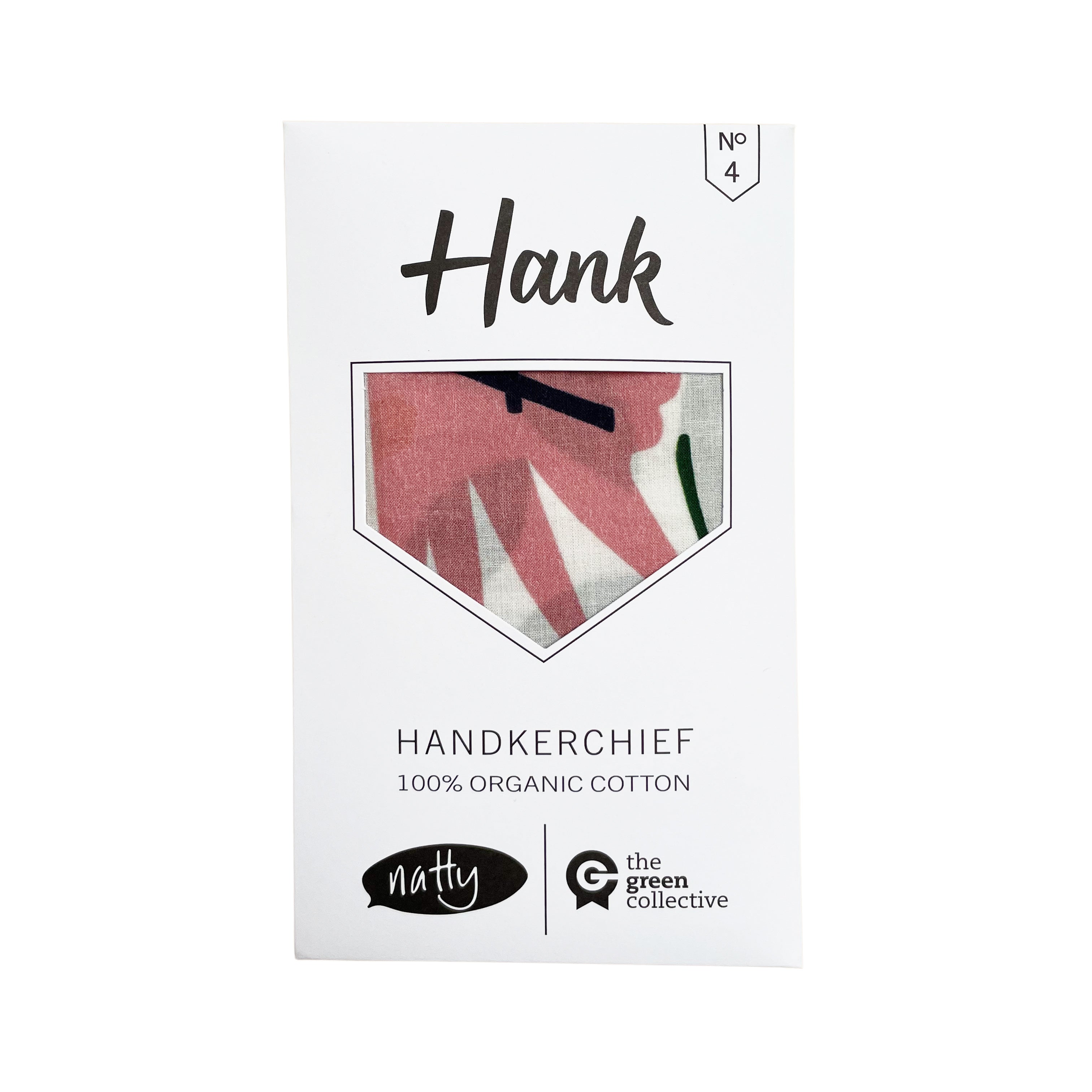 Packaging of Hank handkerkerchief with a peek of the handkerchief itself showing a solid pink color.