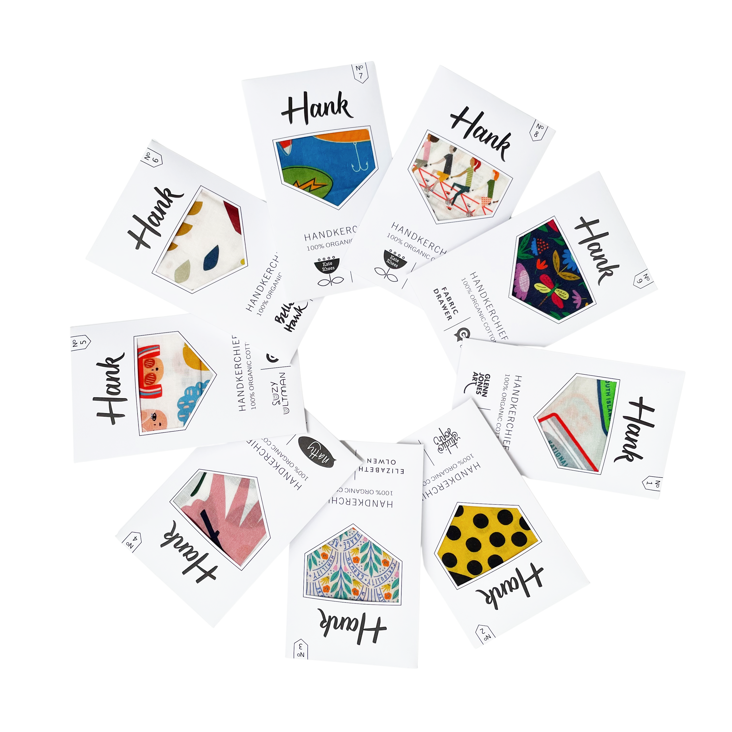 A collection of various patterned Hank handkerchiefs displayed in a circular arrangement.