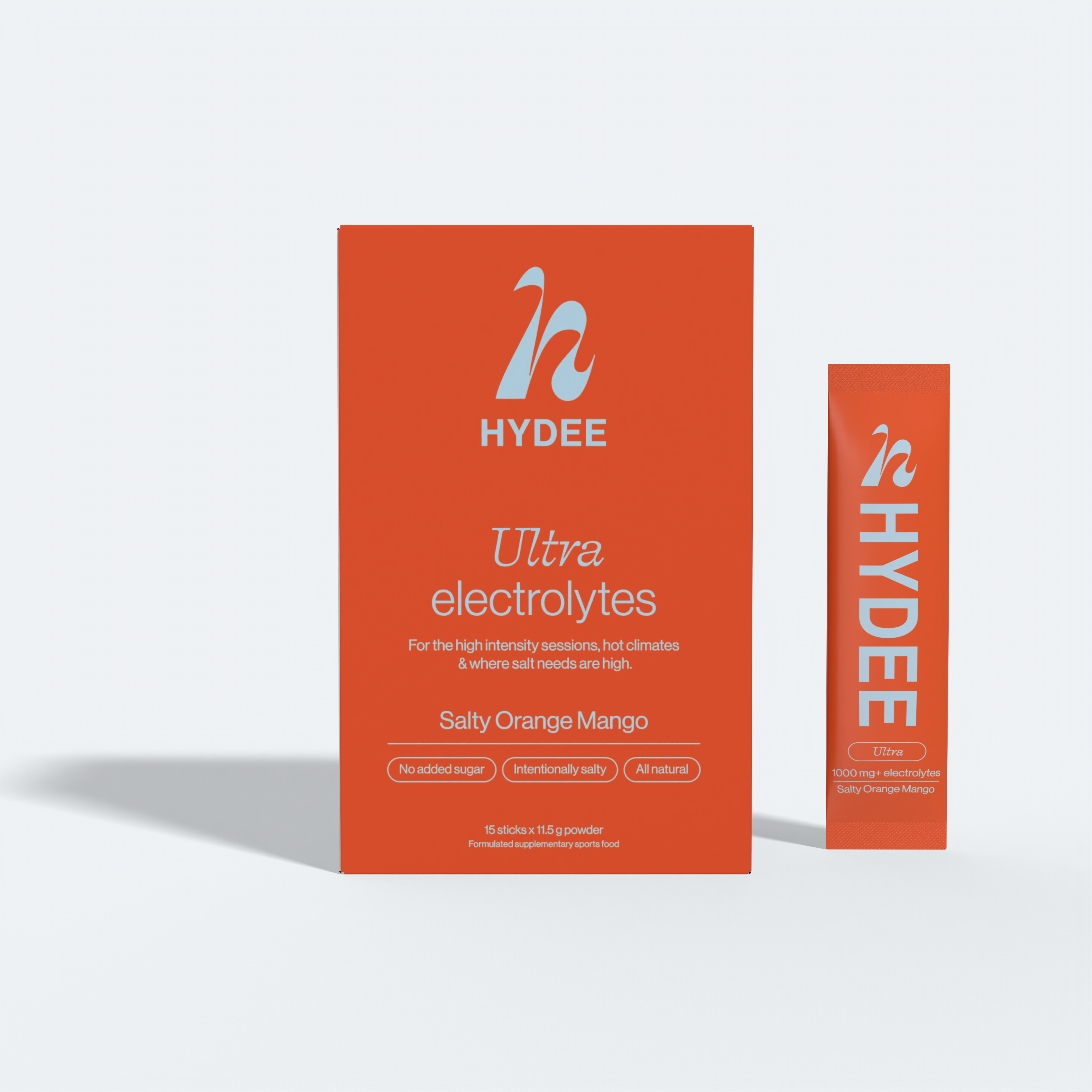 Hydee Ultra Salty Orange Mango electrolytes in a box and sachet