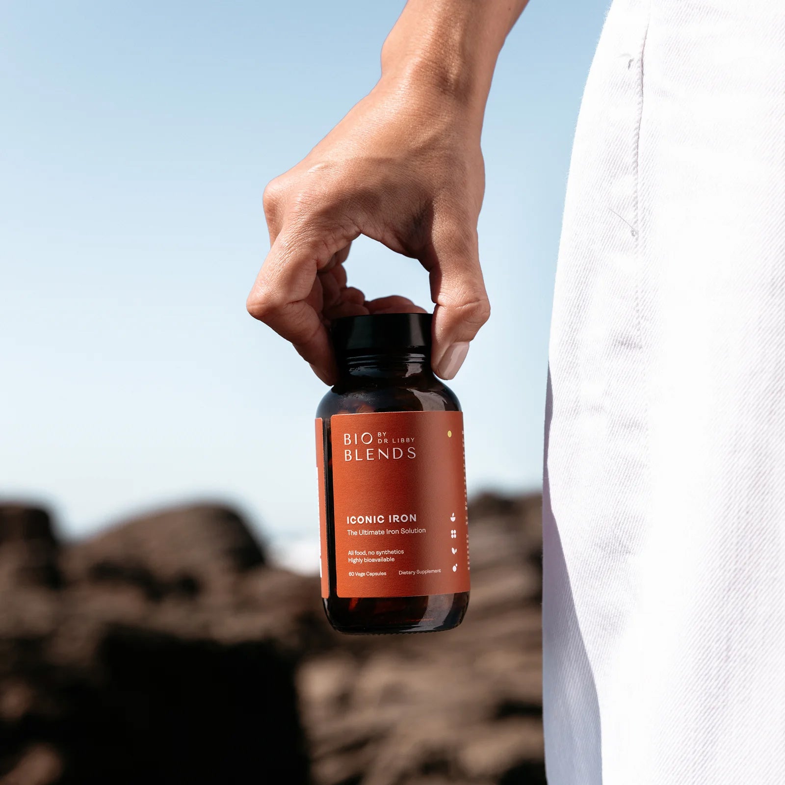 Bio Blends iconic iron supplement being held outdoors