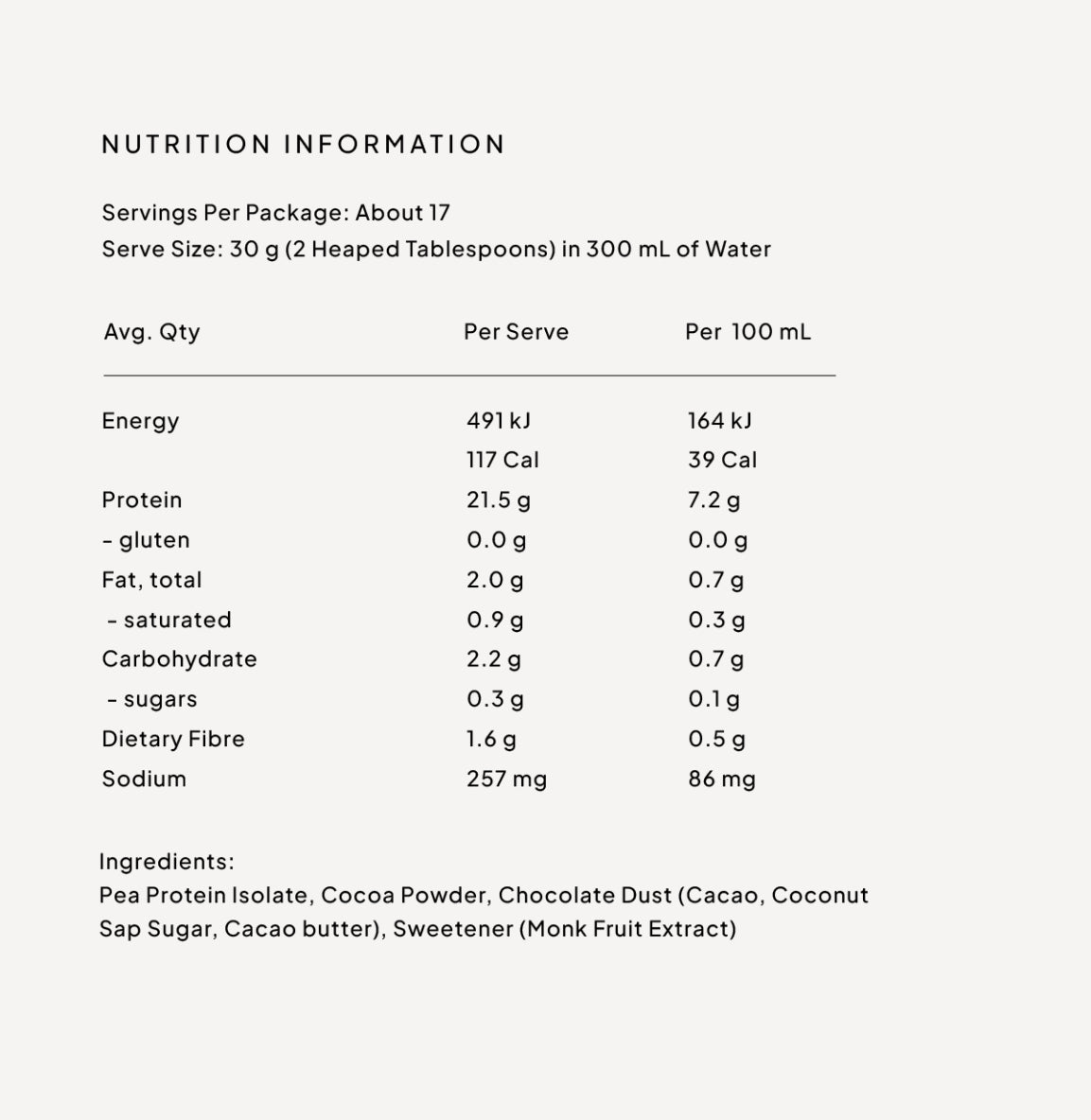 Second Nature Double Choc Fudge Pea Protein powder nutritional information