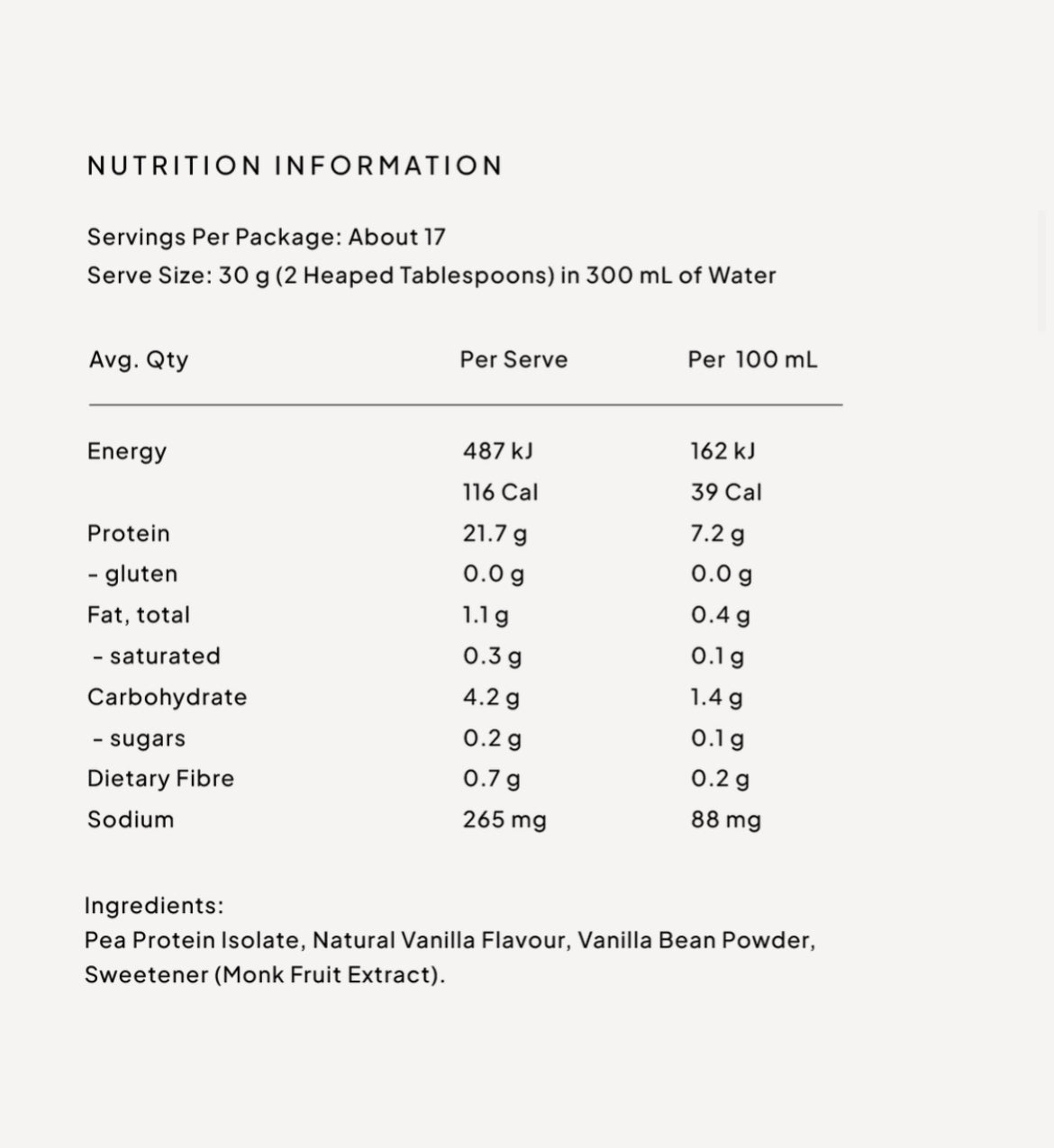 Second Nature French Vanilla Pea Protein nutritional information