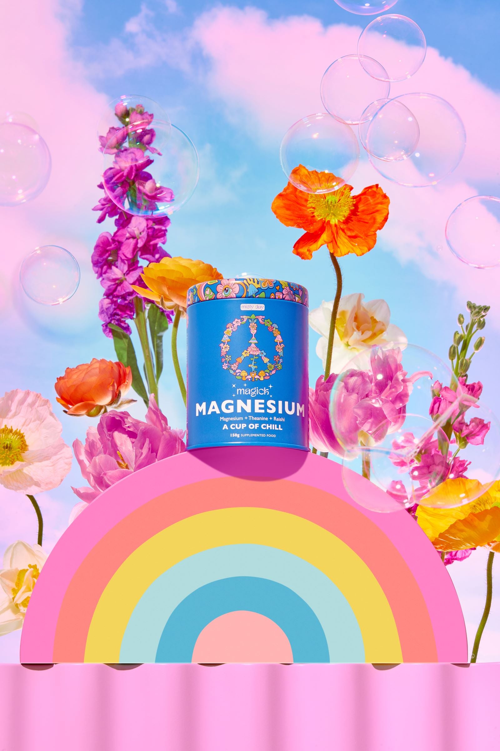 Misty Day Plant Potions Magick Magnesium on a rainbow with flowers and bubbles