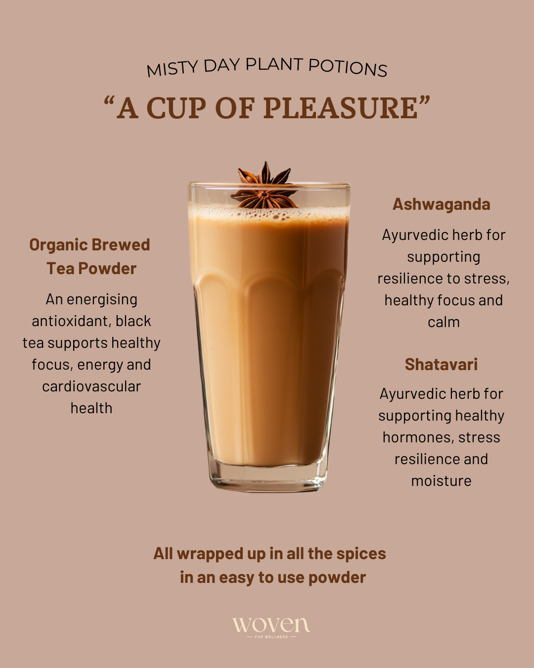 Misty Day Plant Potions Magick Chai ingredients and benefits inforgraphic