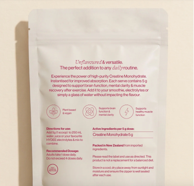 Back of packaging for creatine monohydrate