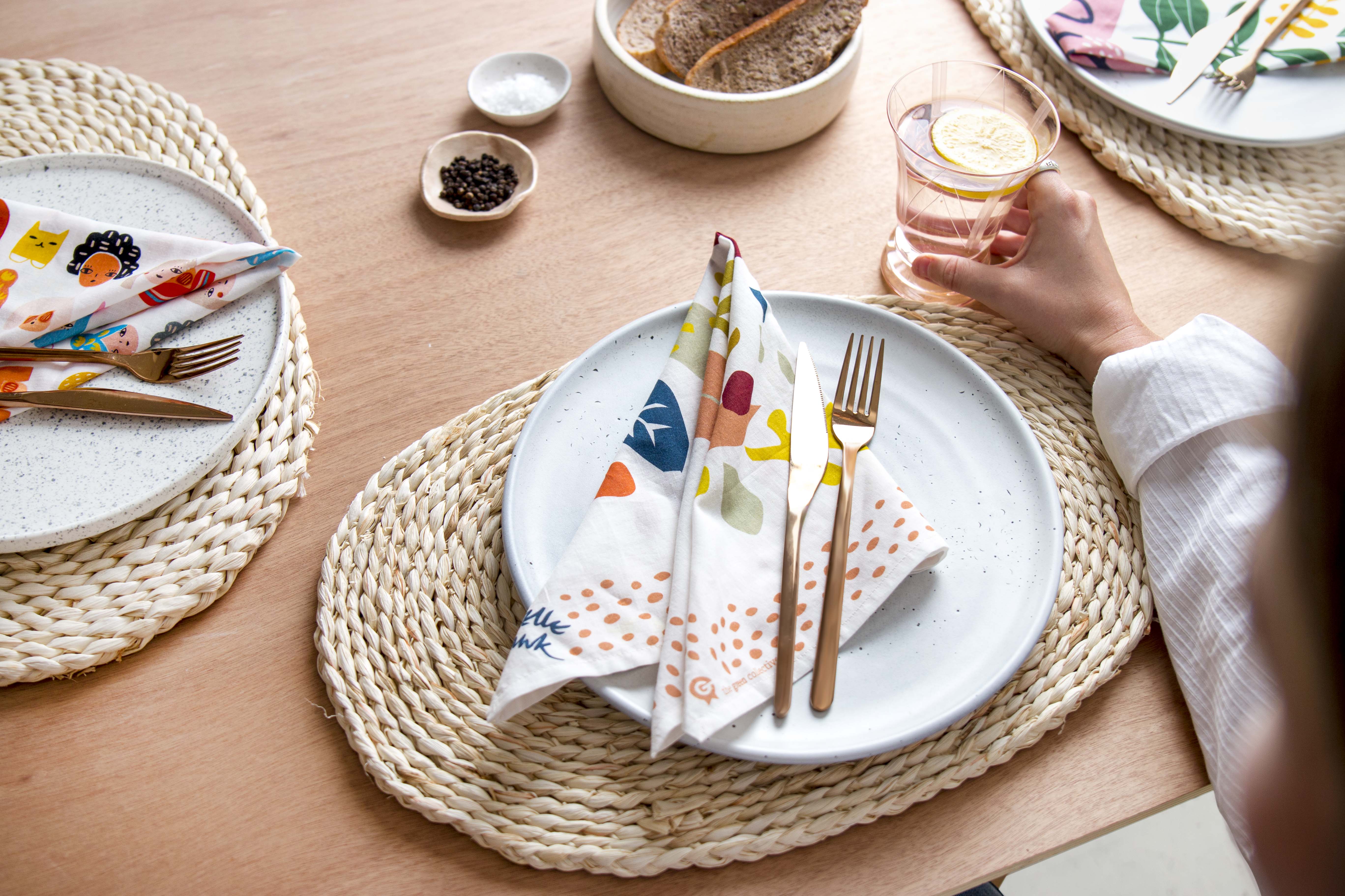 HANK handkerchief by the Green Collective being used as a serviette at a table setting