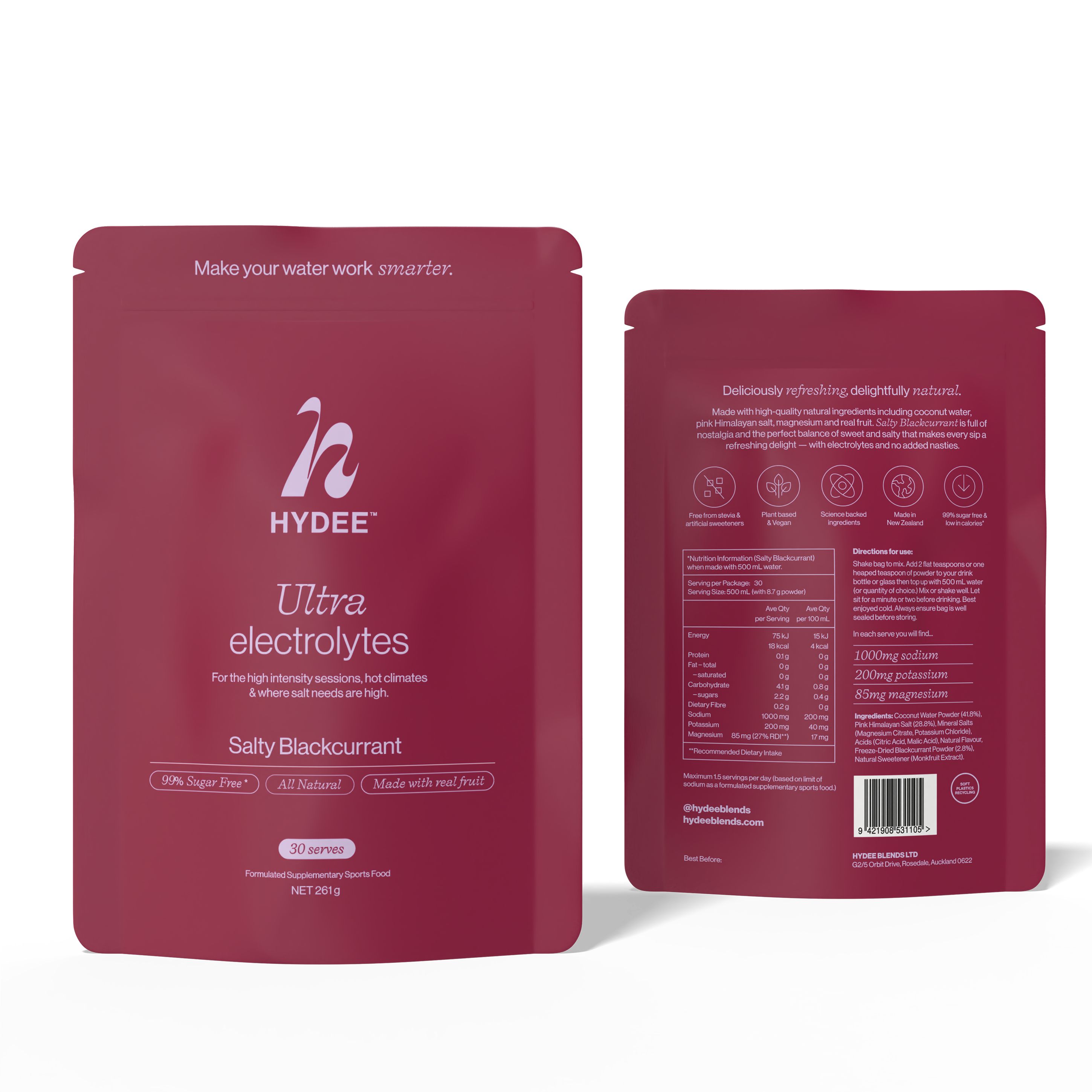 Hydee Ultra Electrolytes Salty Blackcurrant package on a white background