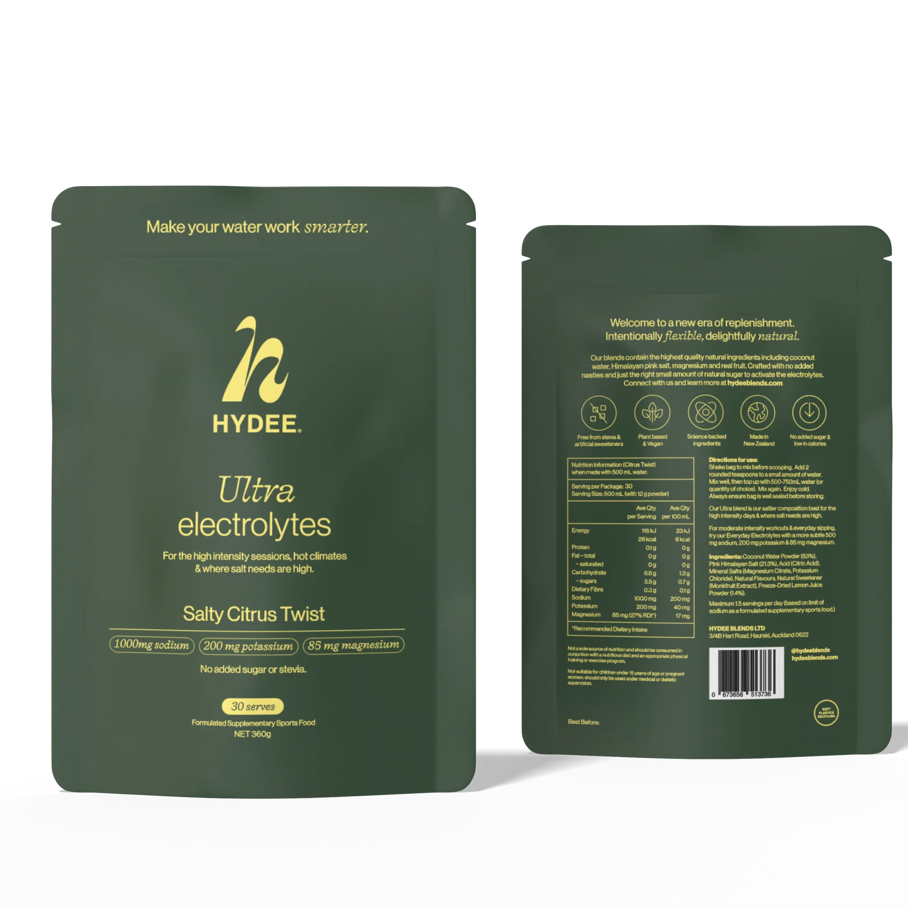 Green packaging of HYDEE Ultra Electrolytes with yellow text on a white background