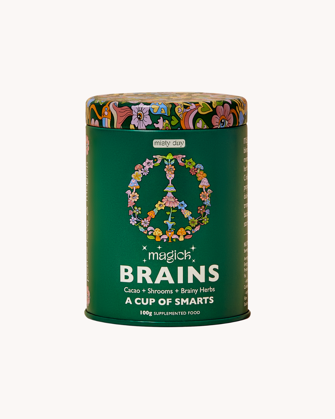 Green canister labeled 'Misty Day Magick Brains' with colourful design on a white background