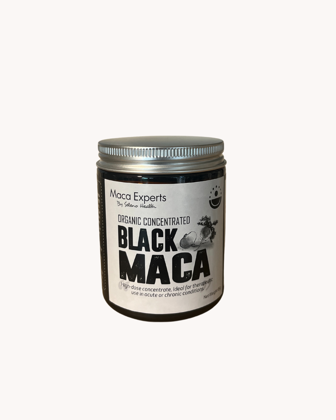 Seleno health black maca powder in a jar