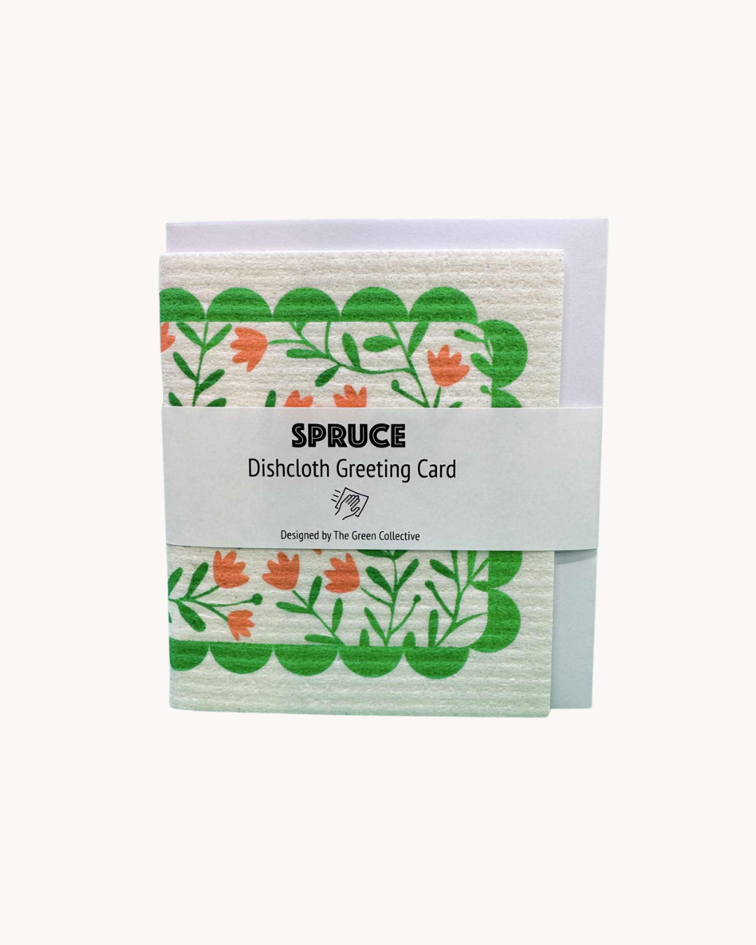 Spruce dishcloth greeting card with floral design on a white background