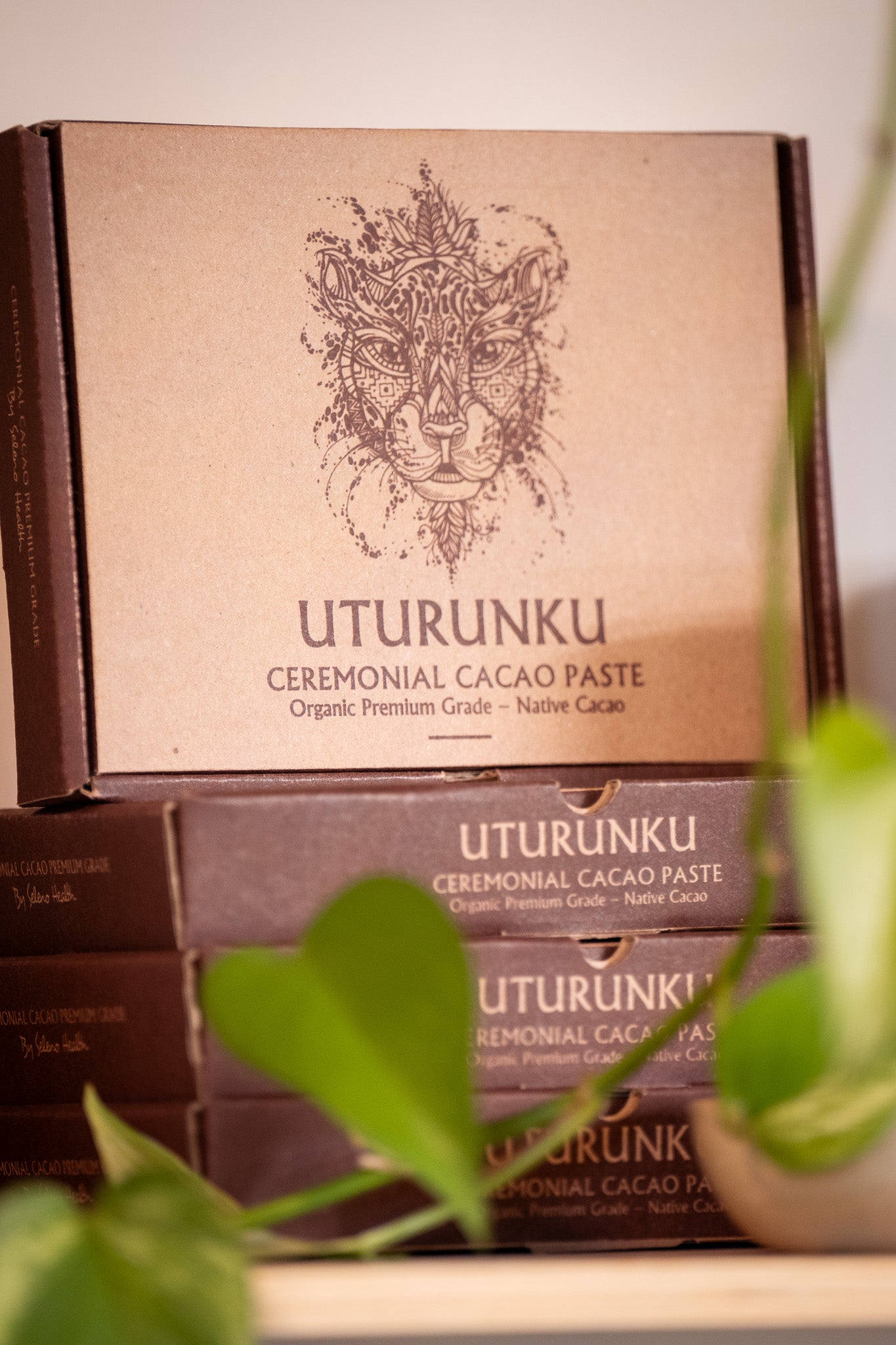 Boxes of seleno health Uturunku Ceremonial cacao paste on a shelf