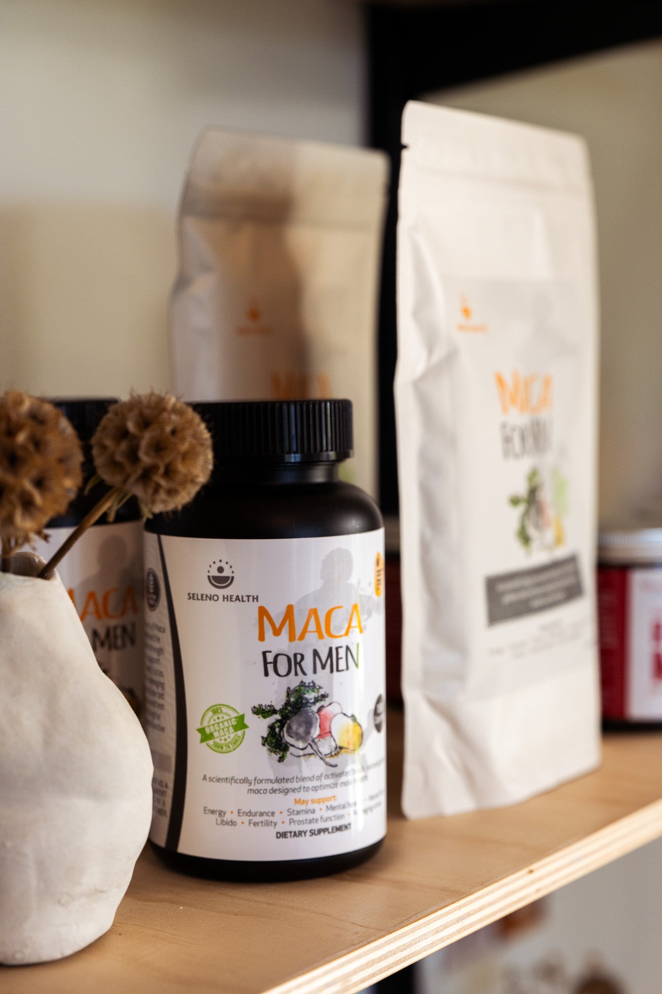 Maca for men supplement bottle on a shelf