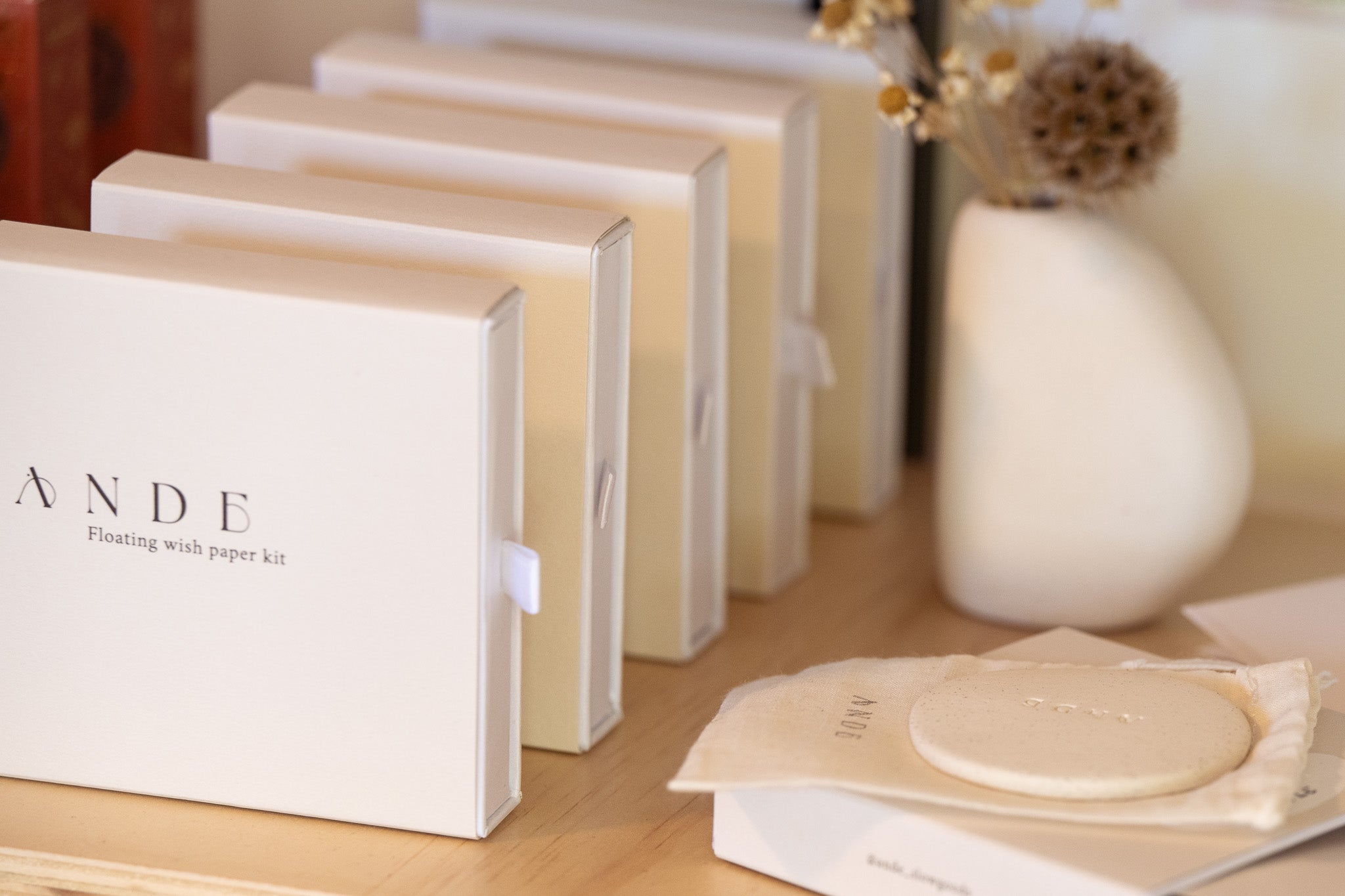 Ande floating wish paper kits lined up on the shelf