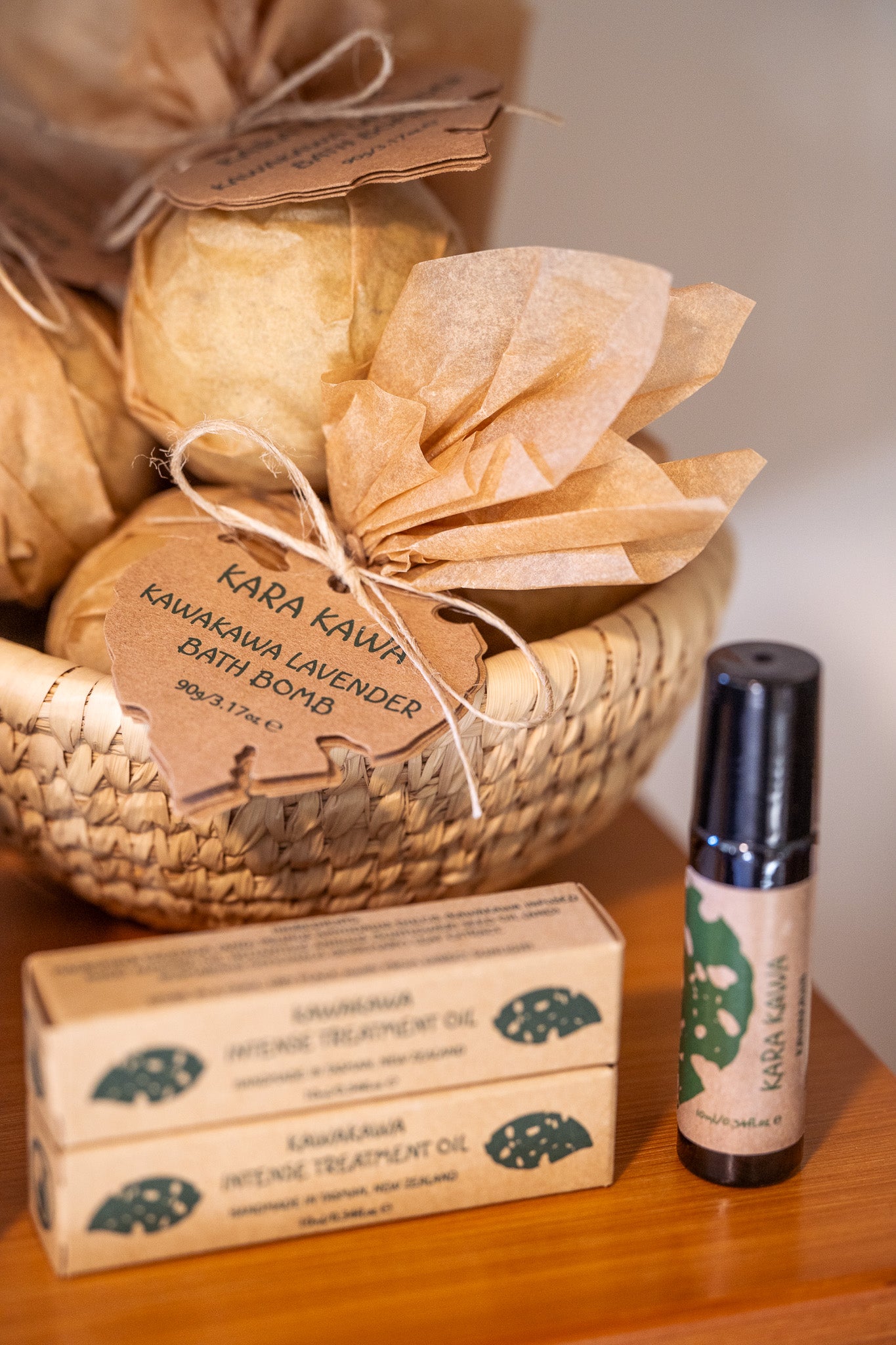 Kara Kawa kawakawa lavender bath bomb and oils