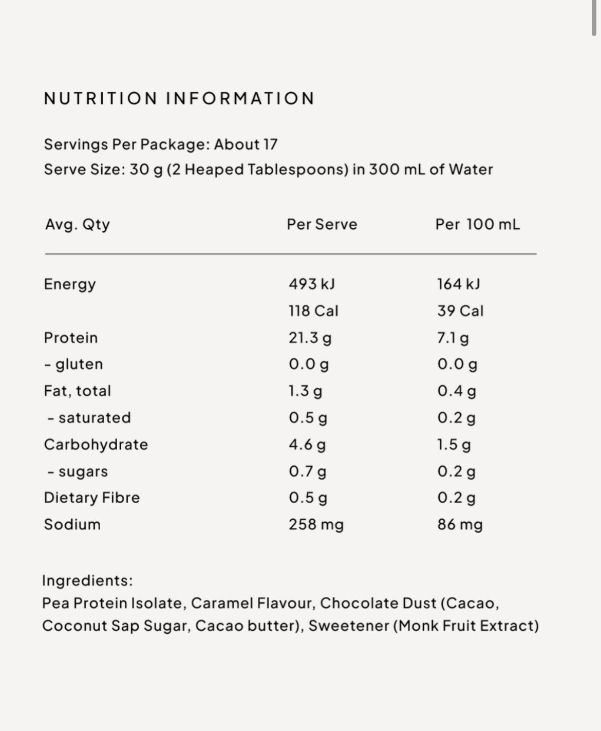 Second Nature Salted Caramel Protein Powder nutritional information