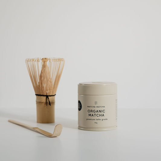Matcha Matcha organic premium latte grade matcha and a bamboo whisk and scoop