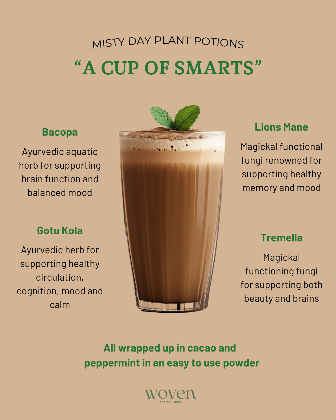 Misty Day Plant Potions product description with a glass of the drink topped with peppermint