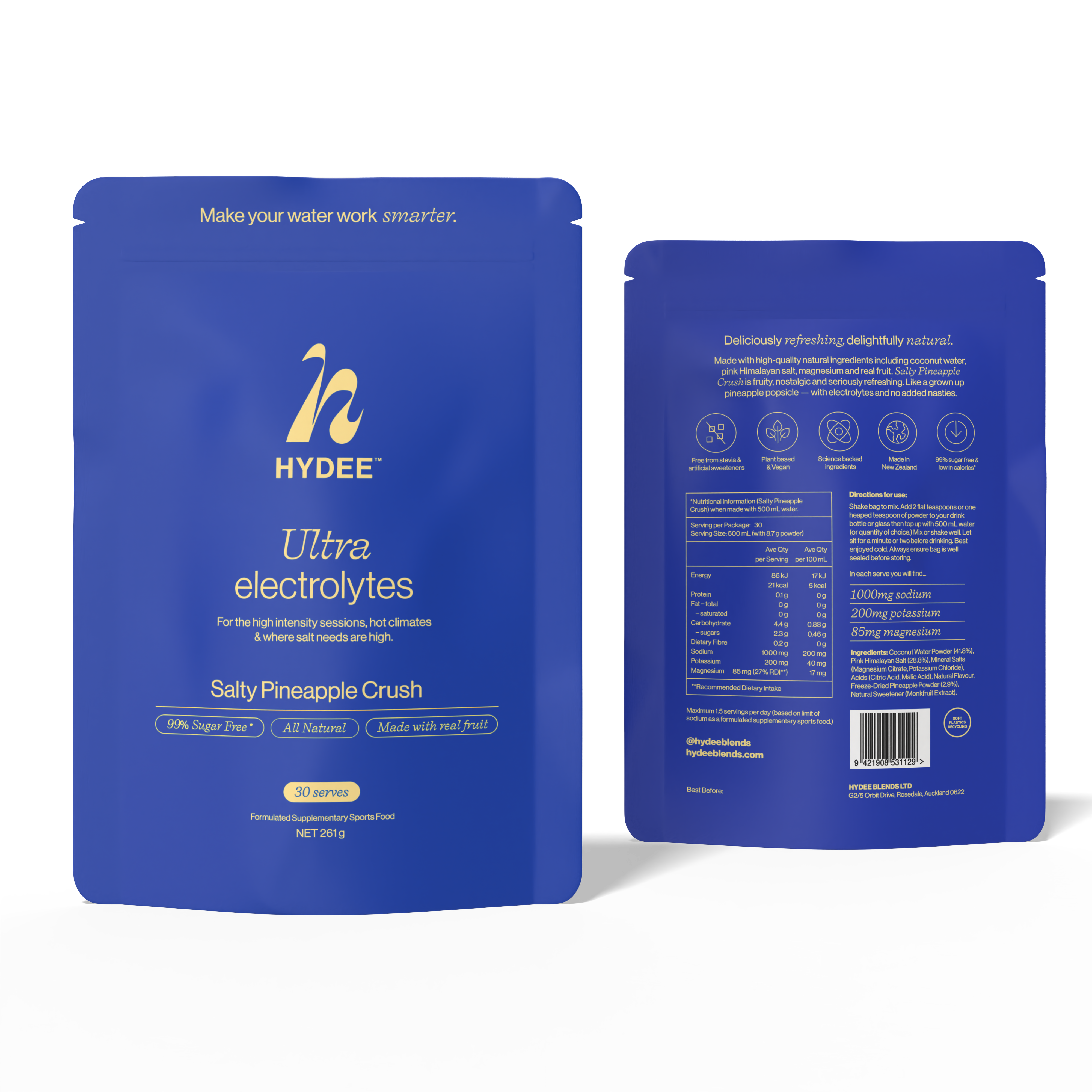 Blue packaging of HYDEE Ultra electrolytes with front and back views on a white background