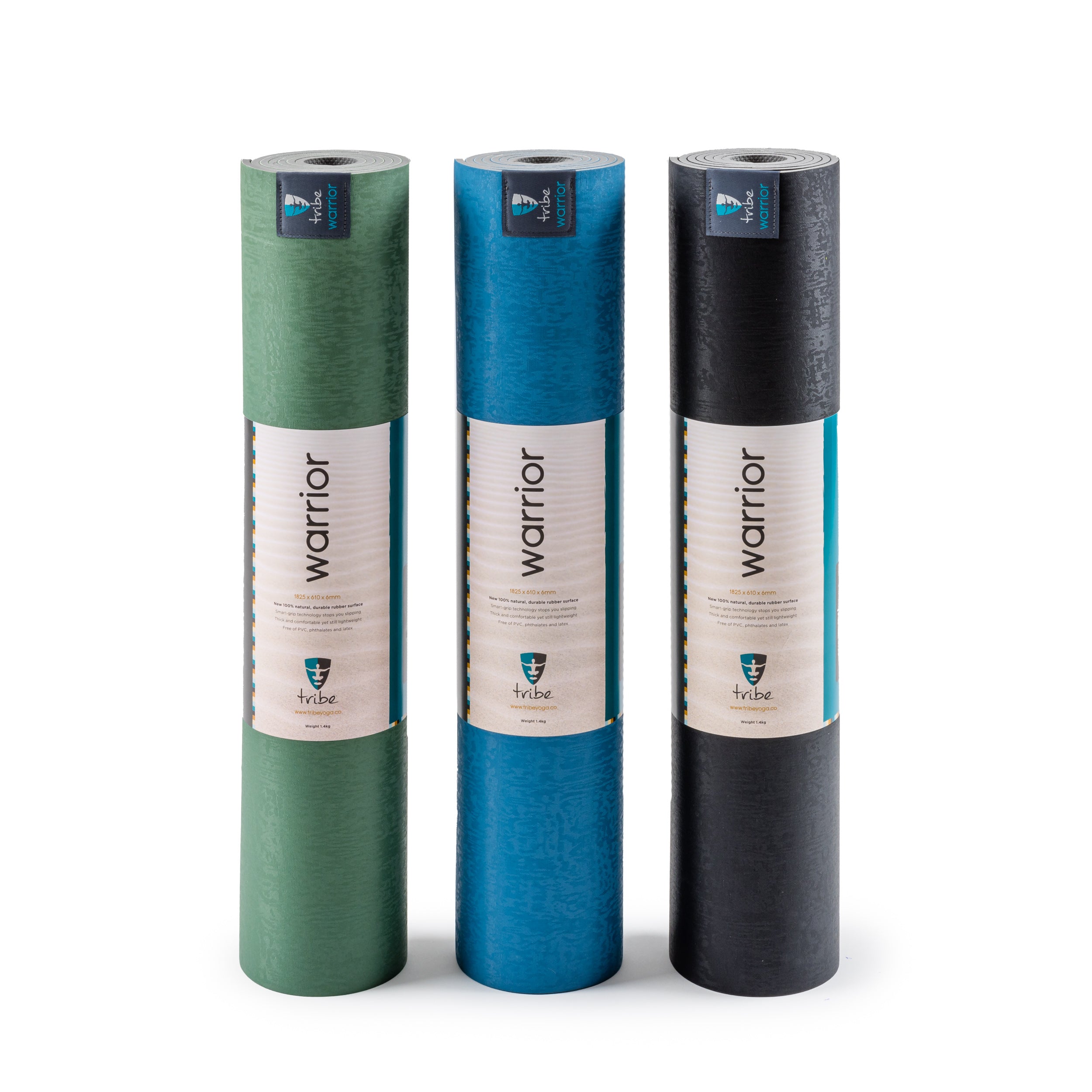Tribe Warrior 6mm yoga mats in green, blue and black on a white background