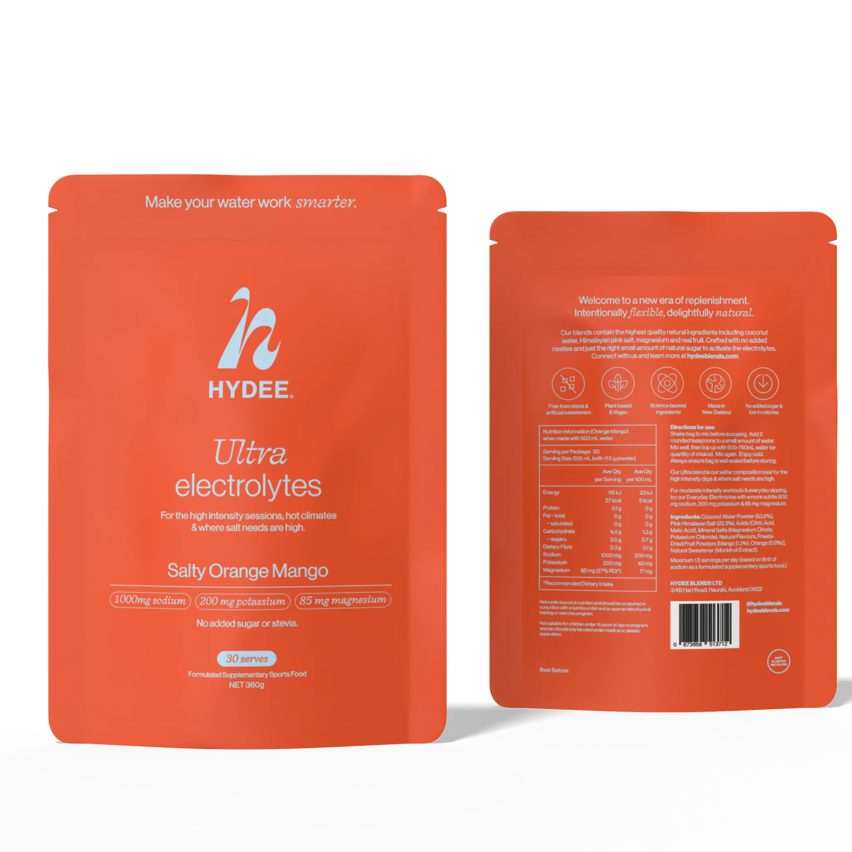 Orange HYDEE Ultra electrolytes package with front and back views on a white background